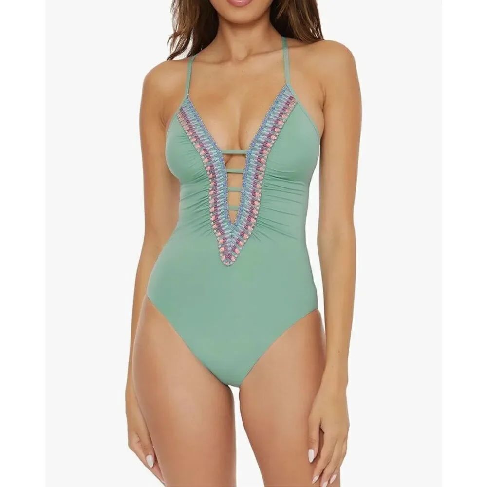 BECCA Delilah - Women's Crochet Trim One Piece Swimsuit, Plunge Neck